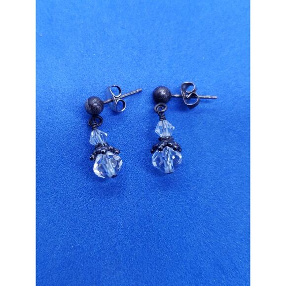 Vintage cut Clear Crystal Bead Drop Earrings Sterling Silver Post Studs - Picture 3 of 5